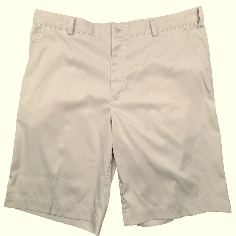 Nike Golf Fit Dry Shorts Mens 36 Tan Beige Flat Front Performance Athletic Logo